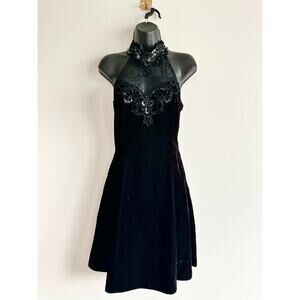 Vintage 80s Scott McClintock Black Velvet Lace Halter Mini Dress | Size 10